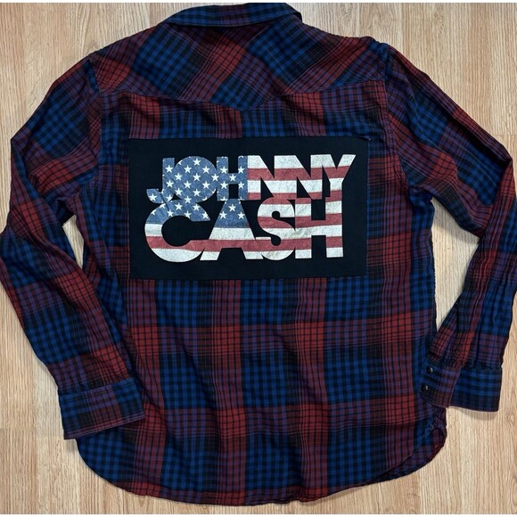 Johnny Cash Upcycled Flannel Lucky Brand Shirt Mens Size XL Patriotic Country - Picture 3 of 9